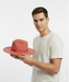Men’s Coral Pink Wide Brim Fedora Hat – Wool Felt Dress Hat with Red Ribbon Band