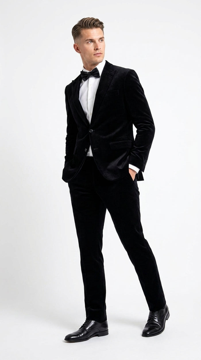 Men’s Black Velvet 2-Piece Suit – Notch Lapel Wedding, Prom and Formal Evening Suit Modern Fit