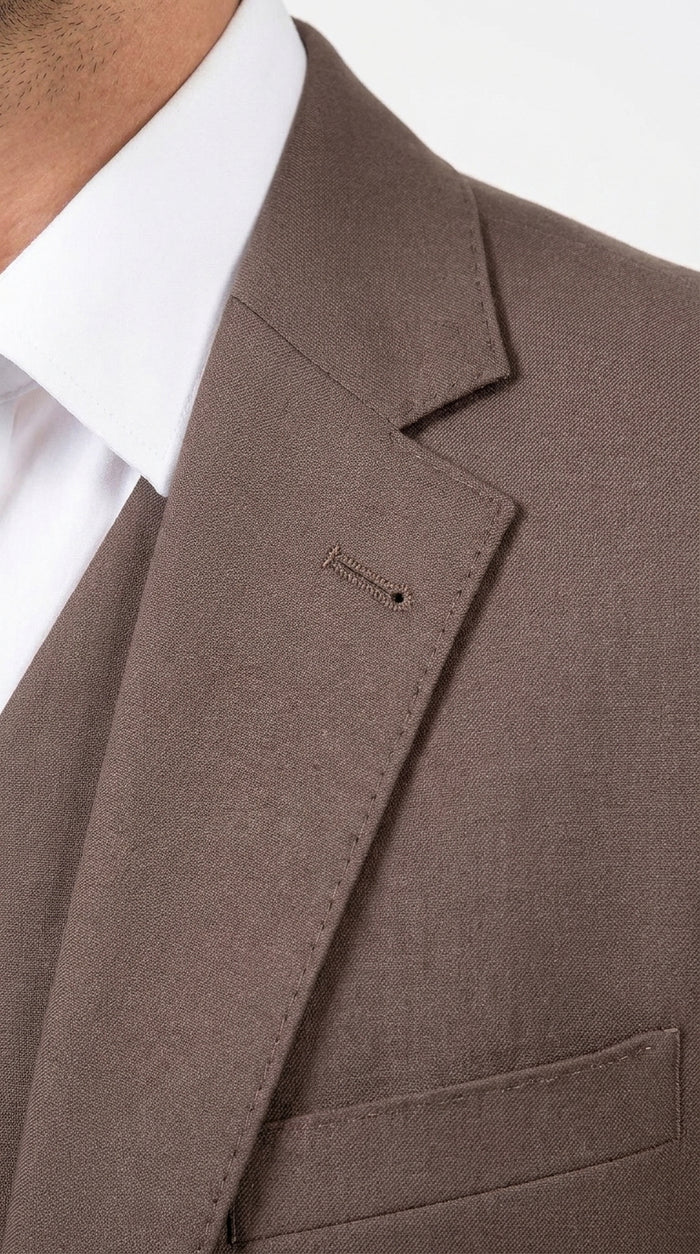 Men’s Zagarie Brand Light Brown Mocha 3-Piece Wool Suit – Modern Wedding, Business and Formal Suit with Pick Stitching Modern Fit