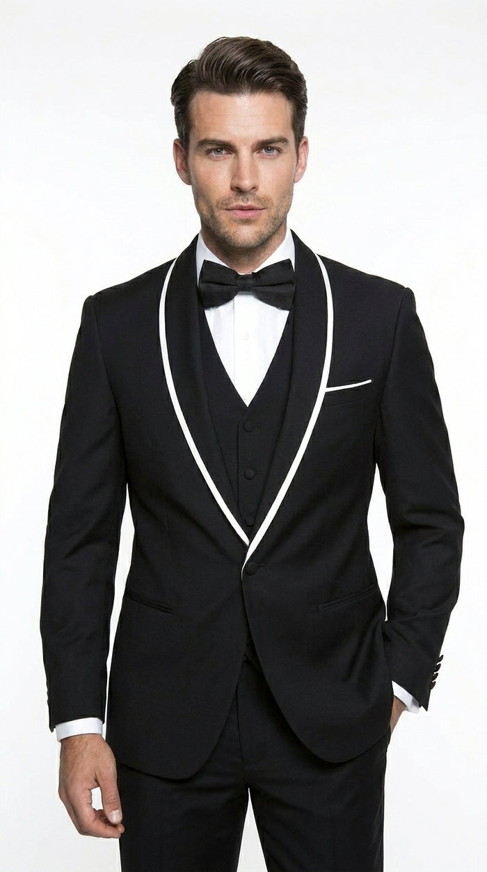 Men’s Black 1 Button Blazer with Shawl Lapel and White Trim, Formal Dinner Jacket Sport Coat