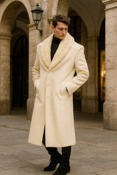 Men’s Ivory Full-Length Overcoat with Luxurious Faux Fur Shawl Collar – Winter Dress Coat