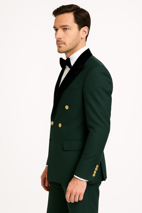 Men's Green Double-Breasted Wedding Tuxedo with Black Velvet Lapel and Gold Buttons