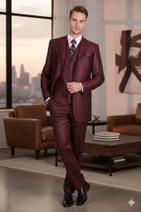 Men’s Burgundy 3-Piece Suit – Burgundy Three Buttons Vested Suit - Pleated Pants Classic Fit Athletic Cut
