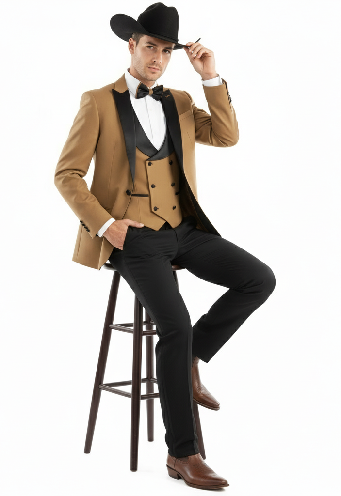 Men’s Western Cowboy Tuxedo – Tan and Black 3-Piece Suit with Satin Lapel and Vest in Mocca Coffee Color