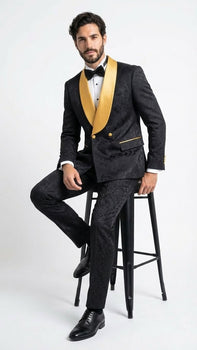 Men’s Black and Gold Jacquard Tuxedo Suit – Luxury Slim Fit Formal Wedding, Prom, and Gala Outfit