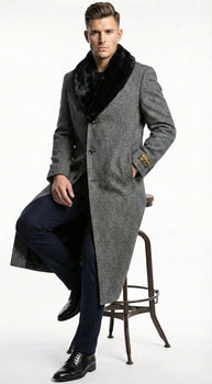 Men's Grey Herringbone Tweed Long Overcoat with Black Faux Fur Collar, Classic Winter Topcoat - Image 4