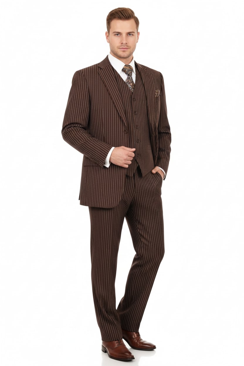 Men’s Brown Pinstripe 3-Piece Suits – Classic Business and Formal Wear with Vest
