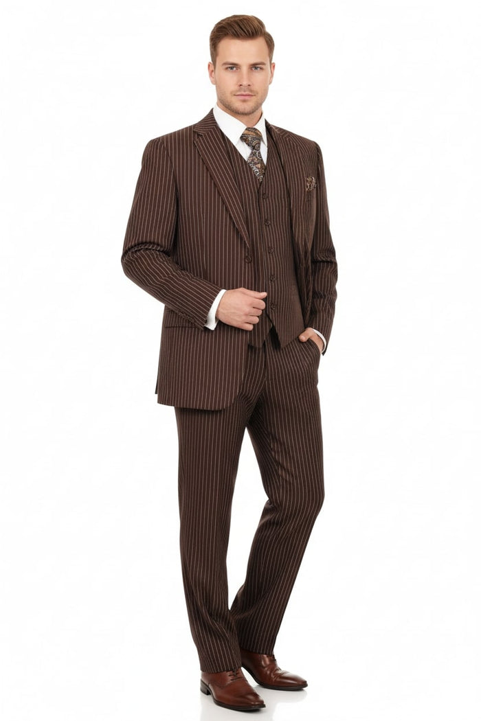 Men’s Brown Pinstripe 3-Piece Suits – Classic Business and Formal Wear with Vest