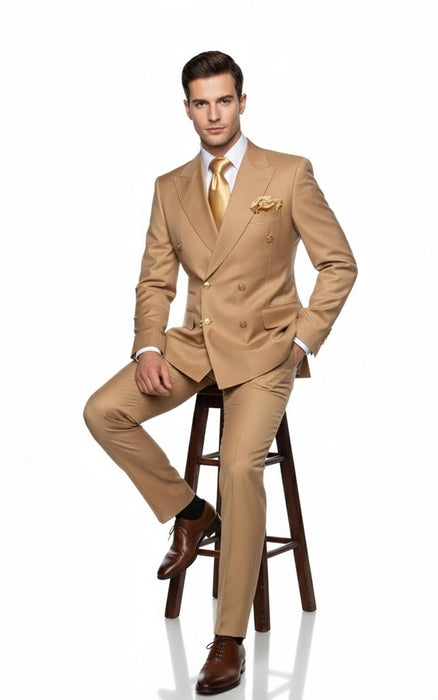 Mens Camel - Bronze - Goldish khaki Double-Breasted Suit – Luxury 2-Piece Formal Set with Gold Buttons and Peak Lapels by Rossi Man