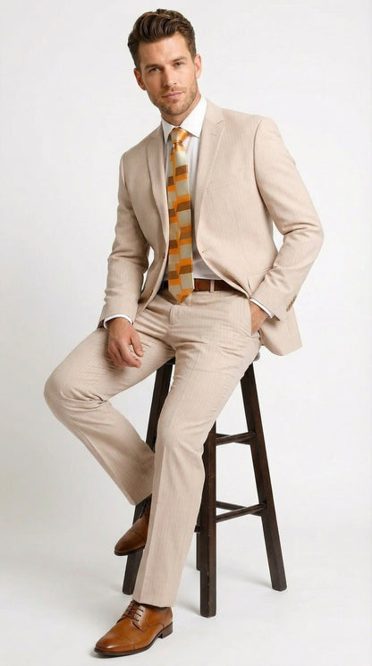 Vitali Men’s Natural Beige Pinstripe Suit – Summer Tan Pinstripe  Weddings and Business Wear Modern Fit
