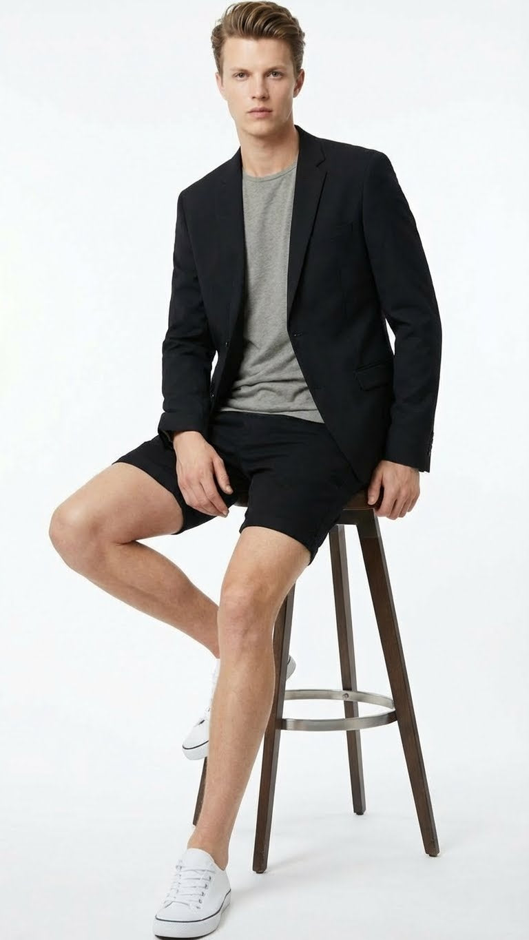 Men’s Black Summer Business Suit with Shorts Pants Set Modern Fit