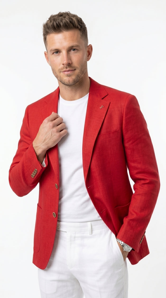 Men’s Red Linen Blazer, Lightweight Business Casual Wedding Sport Coat Jacket