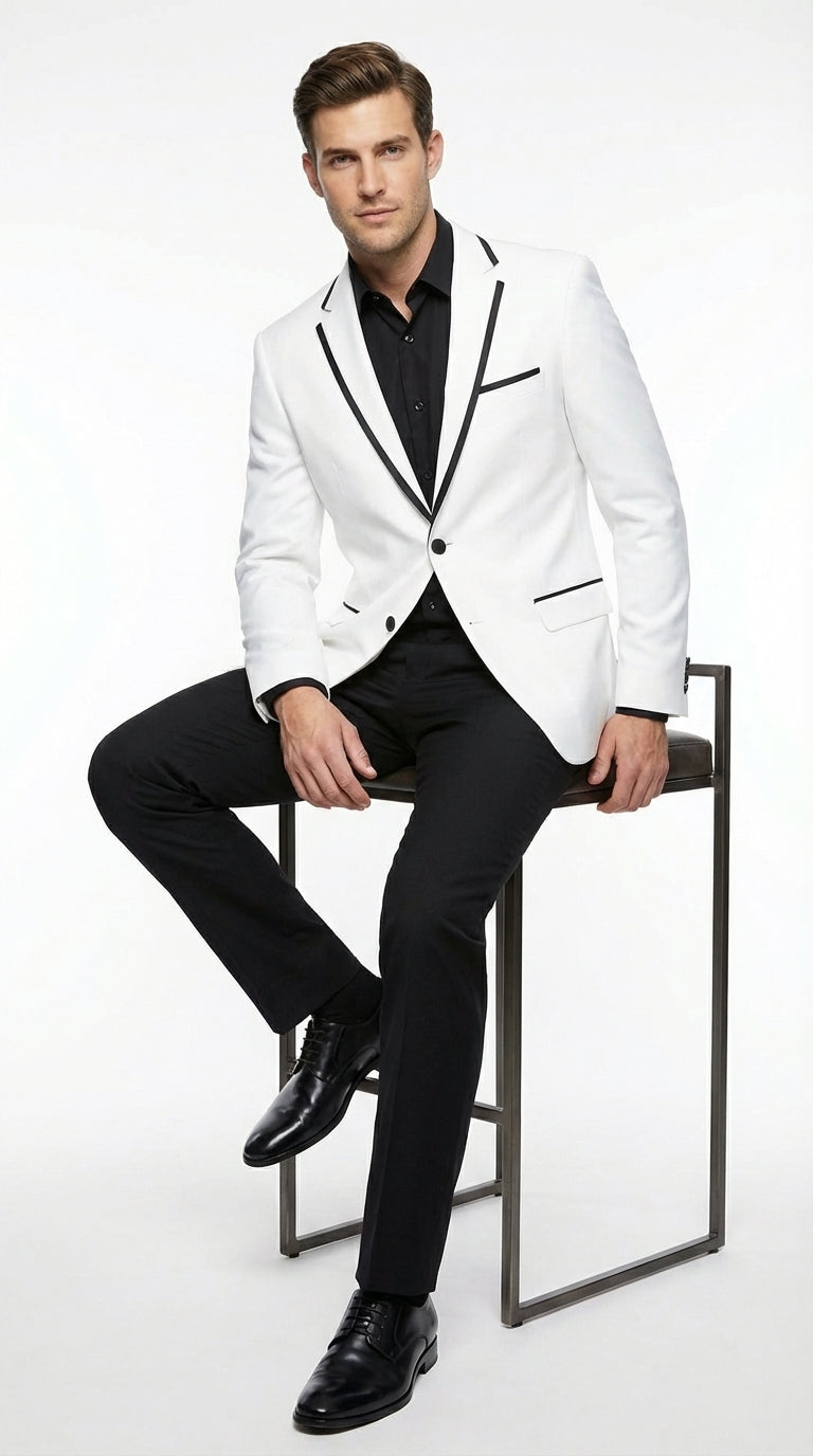 Men’s White Disco Blazer 70s Era Costume Jacket – Black Trim Retro Party Blazer, Vintage Dance Outfit, Stylish Evening Themed Wear