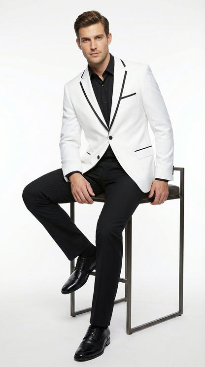 Men’s White Disco Blazer 70s Era Costume Jacket – Black Trim Retro Party Blazer, Vintage Dance Outfit, Stylish Evening Themed Wear