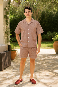 Men’s Burgundy Reddish Seersucker Short Set Walking Suit – Two-Piece Cuffed Shorts with Expandable Waist