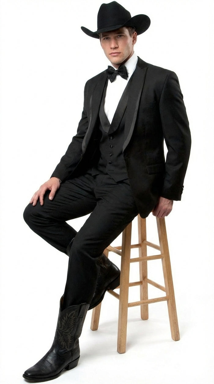 Black Western Tuxedo for Men | Classic Three Piece Formal Wedding Peak Lapel with Trim Collar Cowboy Suit - Image 4