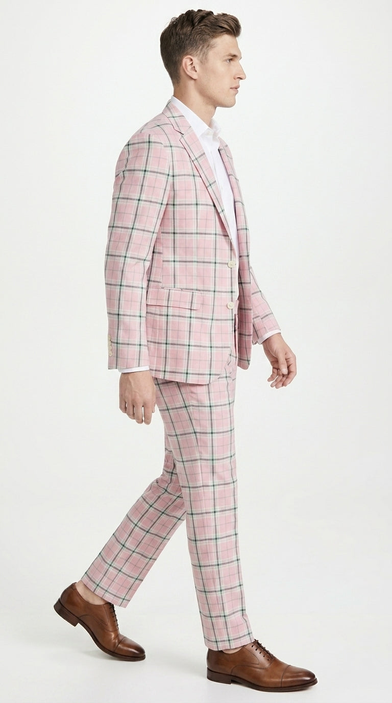 Men’s Pink Plaid Suit with Check Pattern Blazer and Matching Pants, Formal Wedding Party Dress Suit