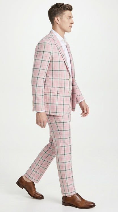 Men’s Pink Plaid Suit with Check Pattern Blazer and Matching Pants, Formal Wedding Party Dress Suit