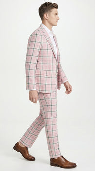 Men’s Pink Plaid Suit with Check Pattern Blazer and Matching Pants, Formal Wedding Party Dress Suit