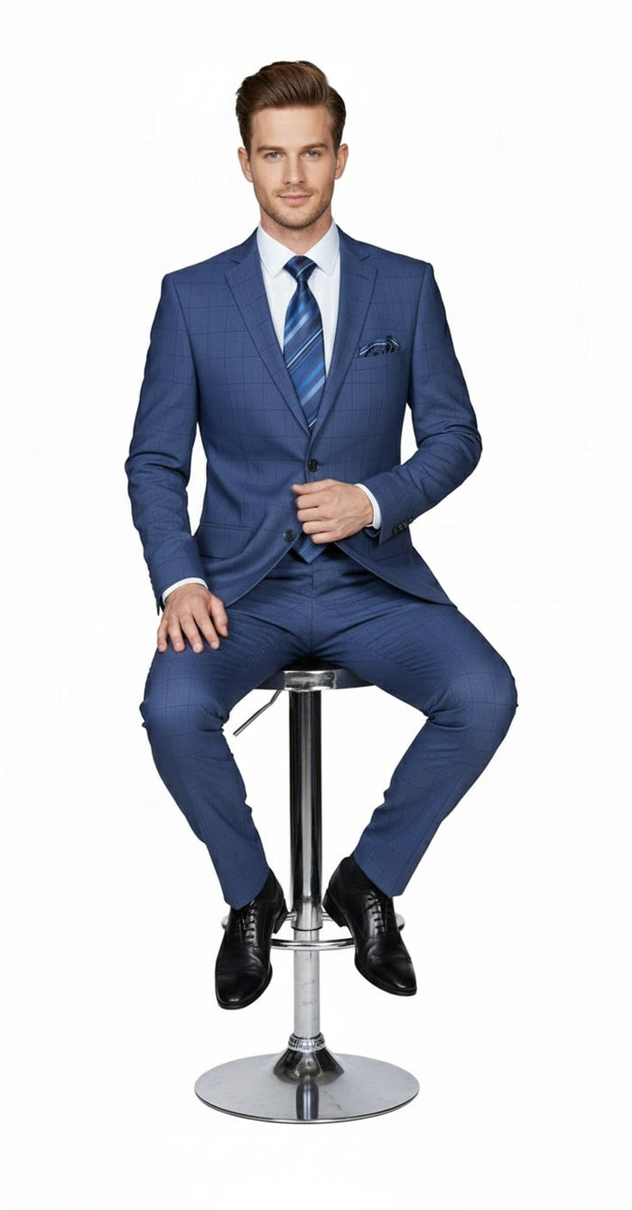 Mens Indigo Navy Blue Windowpane Check Suit – Classic 2-Piece Formal Business and Wedding Wear Set in Cobalt Blue - Image 4