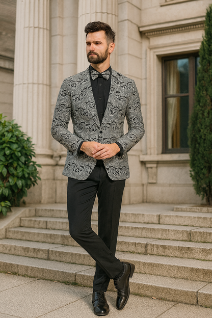 Men’s Black and Silver Paisley Tuxedo Jacket – Slim Fit Dinner Blazer with Matching Bow Tie with Black Pants