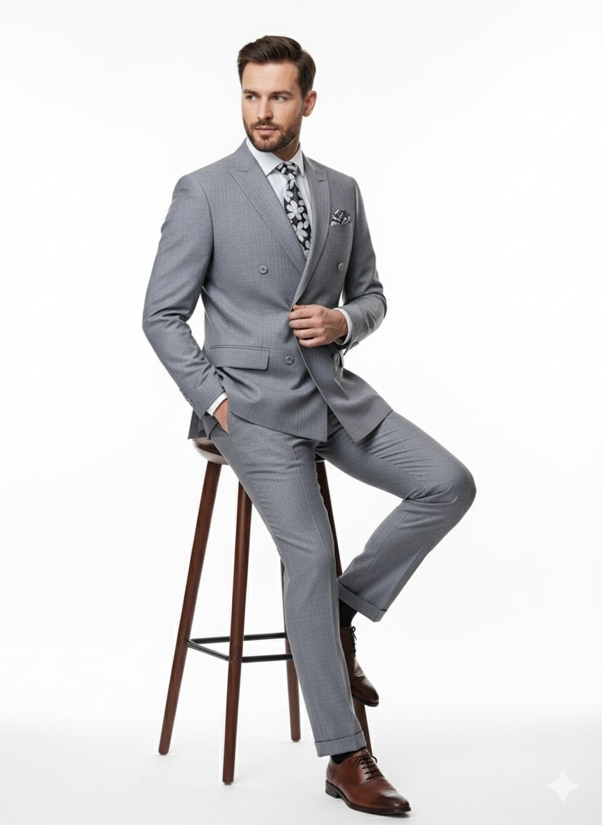 Mens Grey Tone on Tone Double-Breasted Suit – Classic Slim Fit 2 Piece Formal Business Gray Shadow Stripe - Image 4