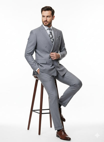 Mens Grey Tone on Tone Double-Breasted Suit – Classic Slim Fit 2 Piece Formal Business Gray Shadow Stripe - Image 4