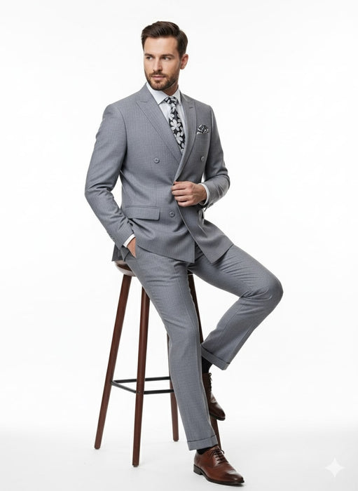 Mens Grey Tone on Tone Double-Breasted Suit – Classic Slim Fit 2 Piece Formal Business Gray Shadow Stripe