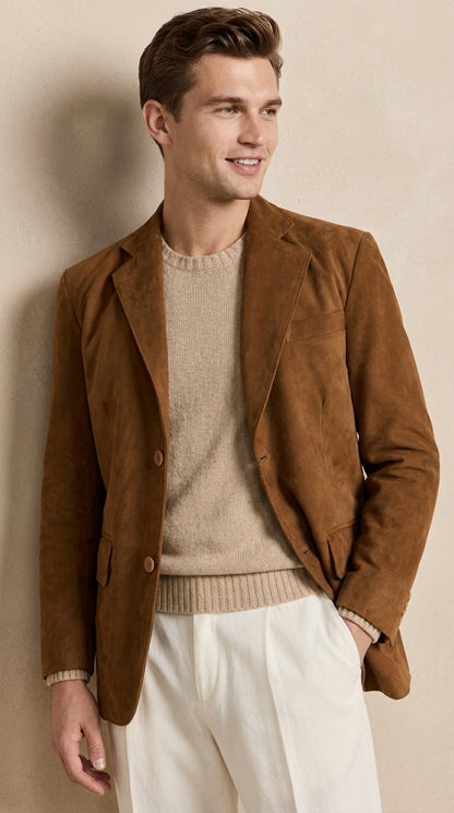 Men’s Camel Brown Suede Leather Blazer – Classic Two Button Suede Sport Coat