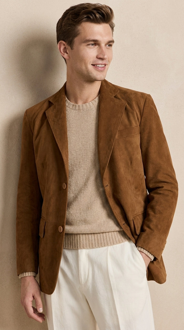 Men’s Camel Brown Suede Leather Blazer – Classic Two Button Suede Sport Coat