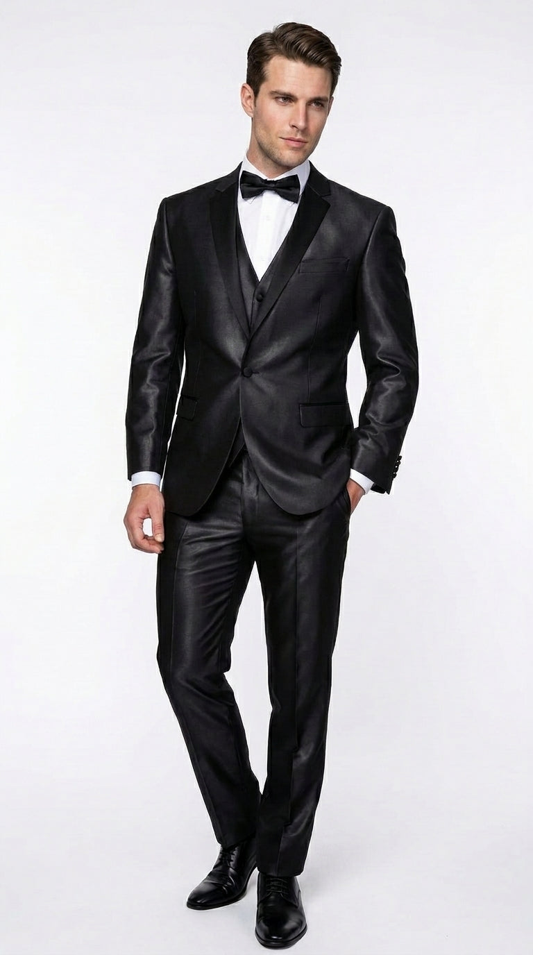 Men’s Black Two Tone Vested Wool Suit with 2 Button Jacket and Black Lapel, Italian Tuxedo Style