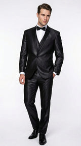 Men’s Black Two Tone Vested Wool Suit with 2 Button Jacket and Black Lapel, Italian Tuxedo Style