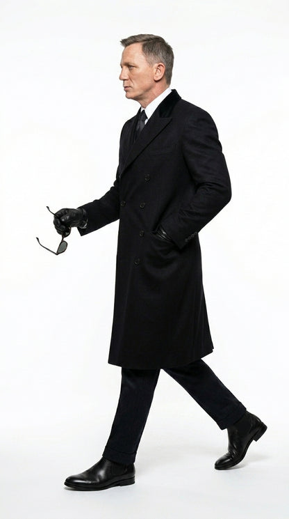 Men’s Black Double Breasted Overcoat, James Bond Inspired Long Formal Coat for Weddings, Business Events, Parties, and Winter Occasions