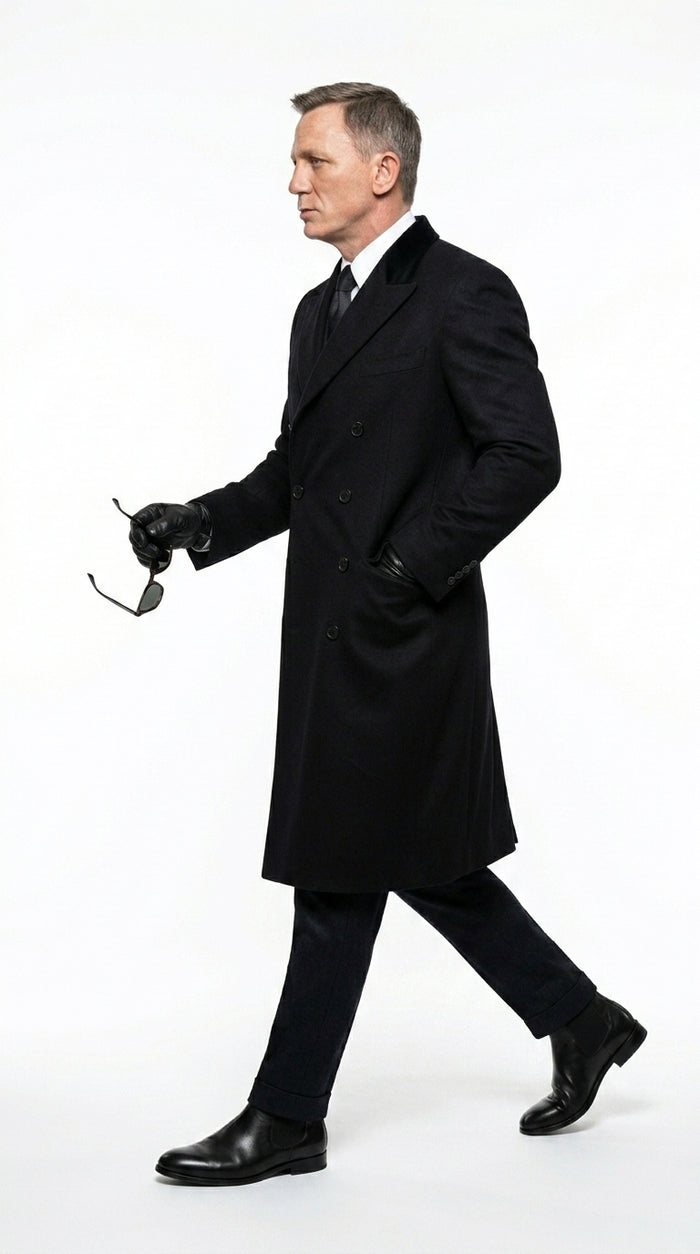 Men’s Black Double Breasted Overcoat, James Bond Inspired Long Formal Coat for Weddings, Business Events, Parties, and Winter Occasions