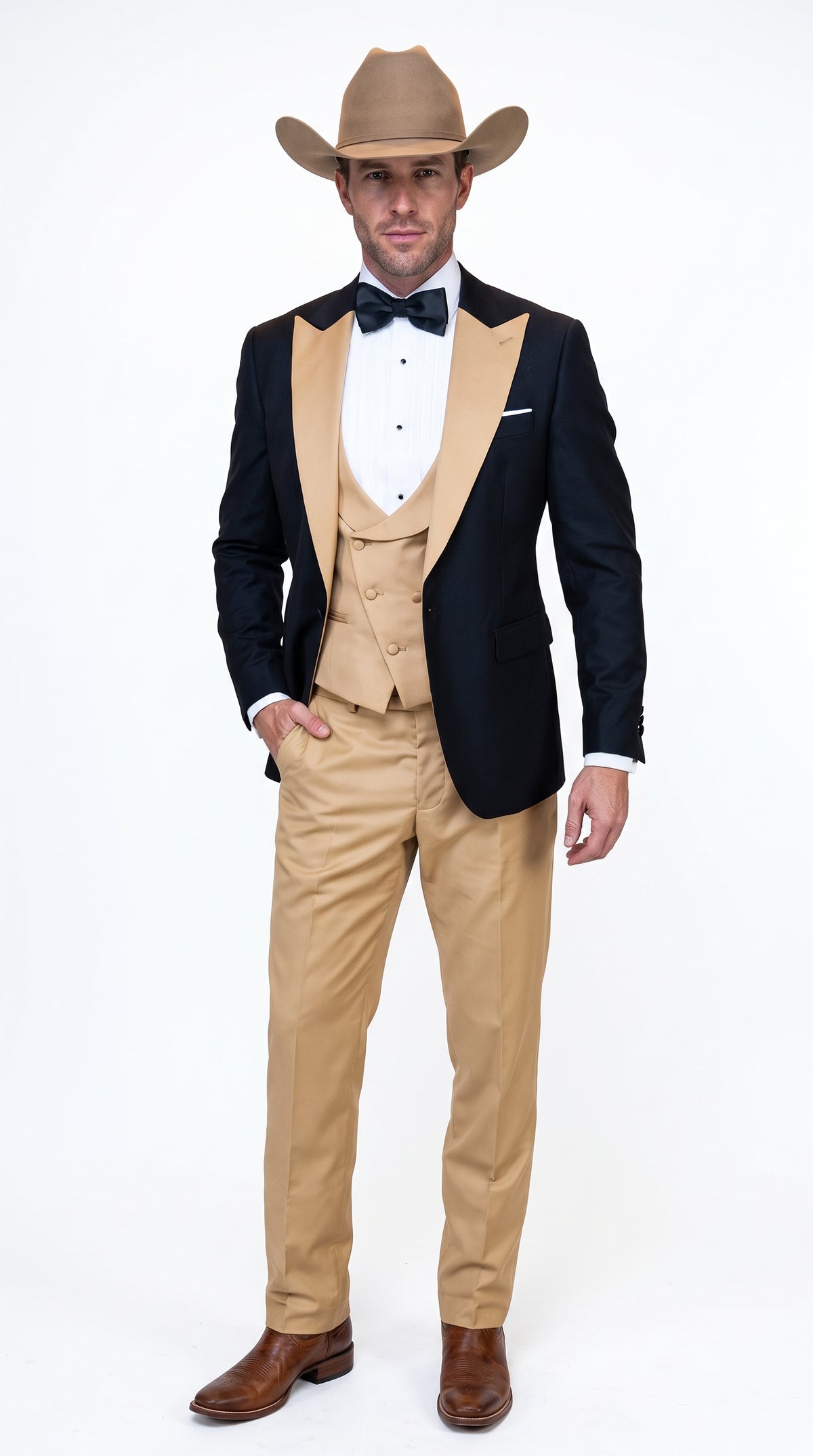 Men's Western Khaki Cowboy Tuxedo Suit – Black & Tan Beige  Peak Lapel 3-Piece Vested Formal Cowboy Suit