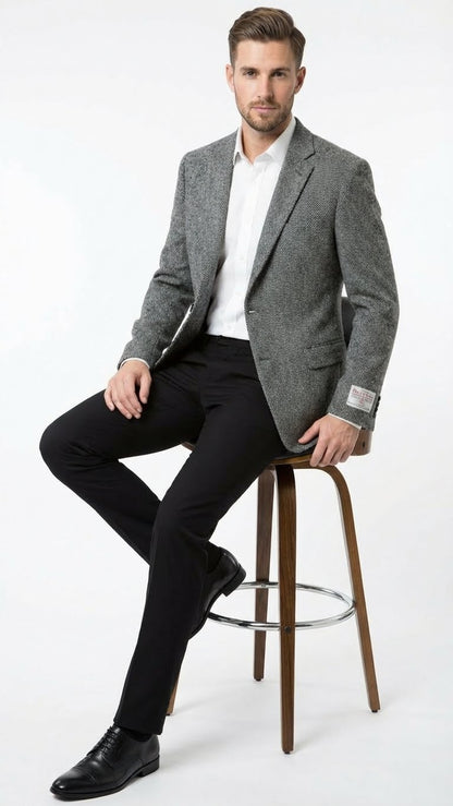 Men’s Grey Harris Tweed Blazer Jacket, Classic Herringbone Wool Sport Coat for Business Casual