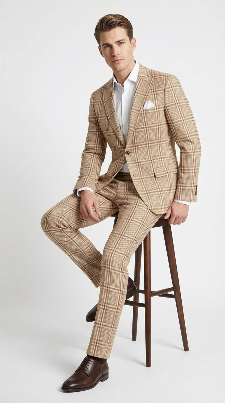 Beige Tan Plaid windowpane Two Piece Suit for Men | Classic Checkered Formal Suit with Jacket and Pants by Rossiman - Image 4