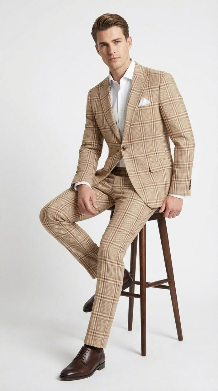 Beige Tan Plaid windowpane Two Piece Suit for Men | Classic Checkered Formal Suit with Jacket and Pants by Rossiman - Image 4