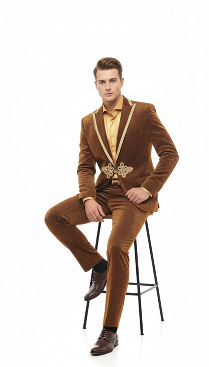 Mens Bronze Shiny Velvet Suit – Designer Party and Wedding Wear Blazer and Pant Set Brown and Gold Tuxedo - Image 5