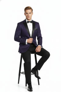 Men’s Purple Paisley Tuxedo Jacket – Ultra Slim Fit Dinner Blazer with Black Satin Peak Lapel