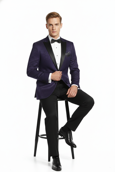 Men’s Purple Paisley Tuxedo Jacket – Ultra Slim Fit Dinner Blazer with Black Satin Peak Lapel