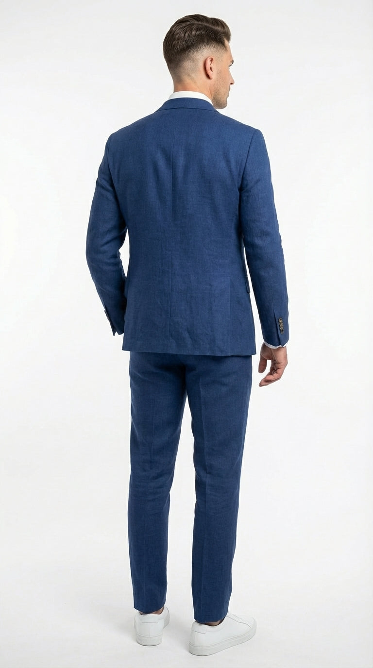 Mens Enzo Tovare Denim Blue Linen Summer Suit – Breathable Two Piece Suit for Wedding, Business, Travel Modern Fit
