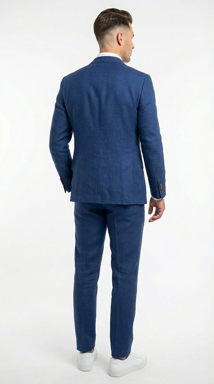 Mens Enzo Tovare Denim Blue Linen Summer Suit – Breathable Two Piece Suit for Wedding, Business, Travel Modern Fit
