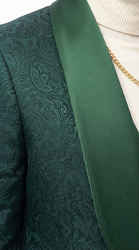 Mens Hunter Green Wedding Tuxedo Suit – Paisley Pattern Three Piece Formal Suit Set with Shawl Lapel for Groom, Prom in Emerald green