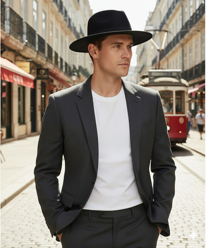 Men’s Black Wide Brim Fedora Hat – Classic Wool Felt Dress Hat with Matching Black Band