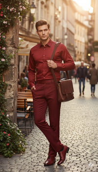 Men’s Red Satin Dress Shirt – Luxury Long Sleeve Formal Shirt for Parties, Weddings, and Business Wear