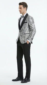 Mens Black and Silver Floral Tuxedo – Luxury Patterned Wedding, Prom and Formal Dinner Tuxedo