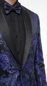 Mens Blue Paisley Jacquard Blazer – Luxury Pattern Tuxedo Dinner Jacket with Black Satin Lapel for Wedding, Prom With Bowtie