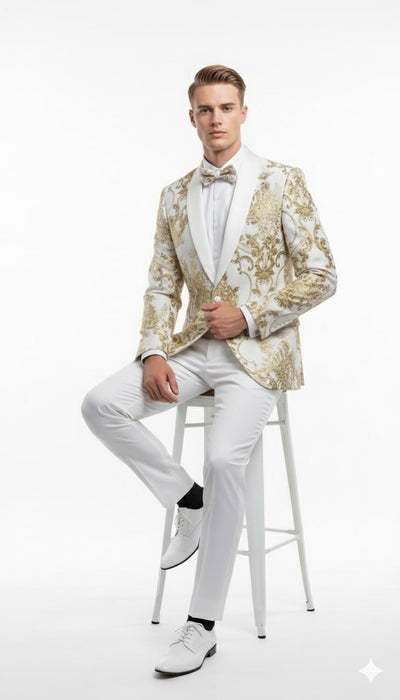 Mens White and Gold Floral Tuxedo Jacket with Satin Lapel – Luxury Prom, Wedding and Formal Dinner Blazer