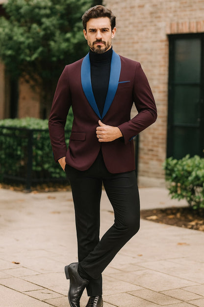 Mens Burgundy Tuxedo Dinner Jacket Blazer with Blue Satin Shawl Lapel  Wedding and Party Jacket - Image 4